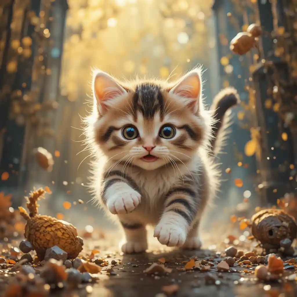 Chaton joueur bondissant sur une proie invisible dans un style décoratif