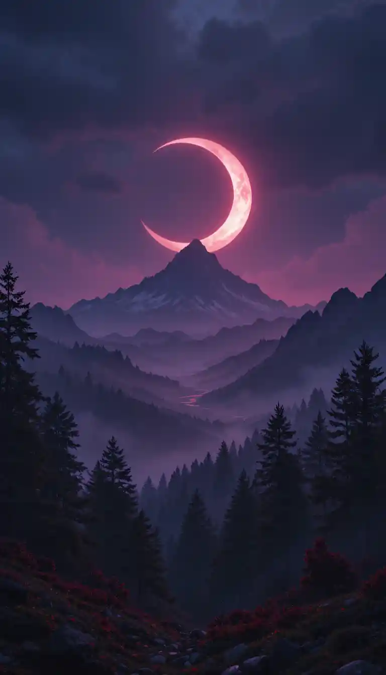 Dark mountain landscape under a giant glowing crescent moon