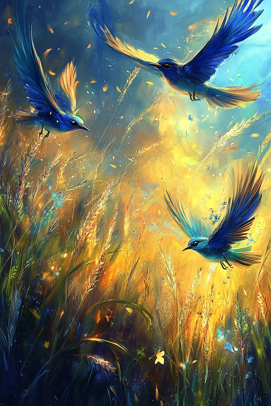 Colorful birds soaring above golden summer grasslands