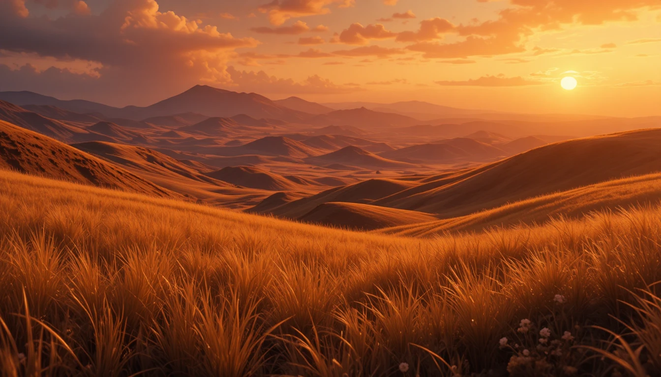 Vale épico ao pôr do sol com colinas onduladas e grama dourada