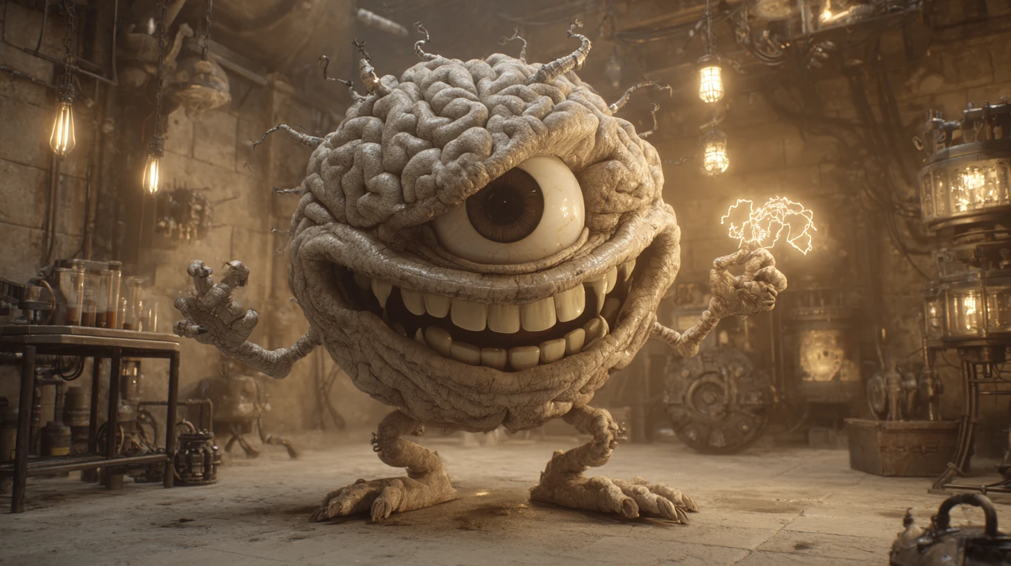 Grotesque Walking Brain Monster In Dark Laboratory