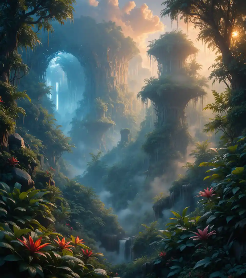 Vibrant Jungle Landscape With Warm Light And Mist