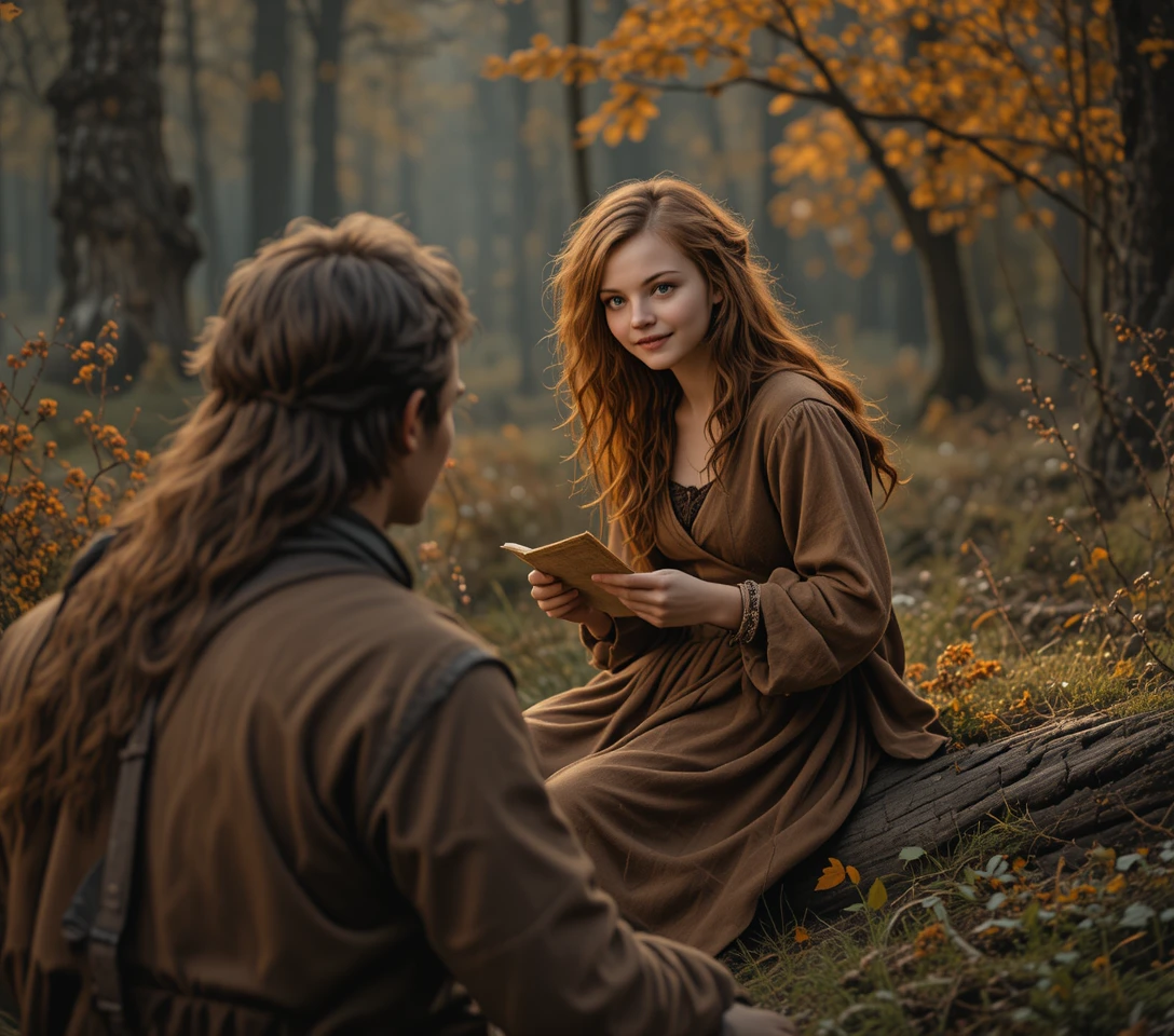 Young girl reading a letter by a campfire in autumn forest