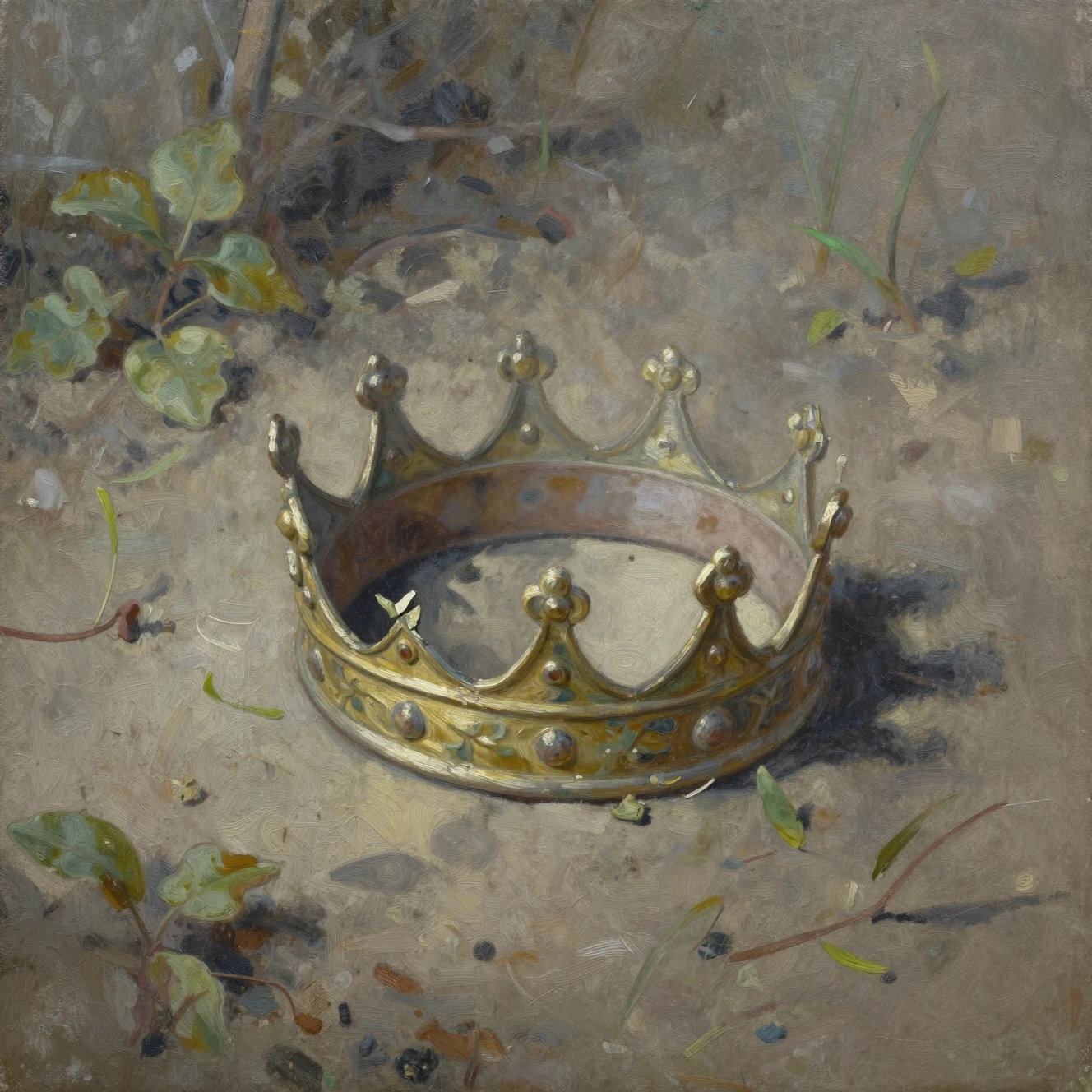Couronne brisée posée sur un sol envahi par la végétation dans une peinture à l’huile sale