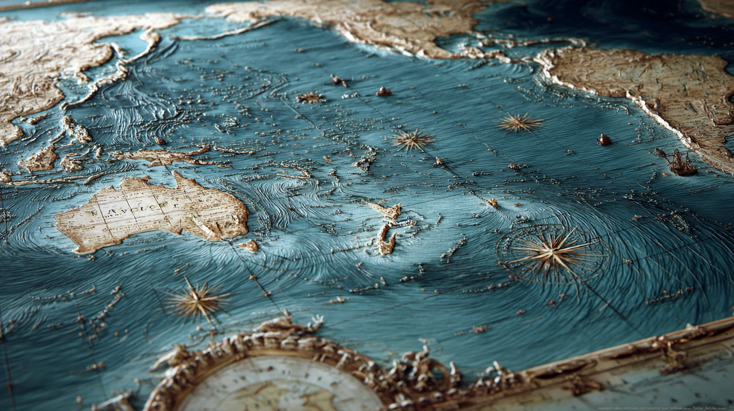 Antiguo mapa 3D del océano Pacífico con monstruos marinos