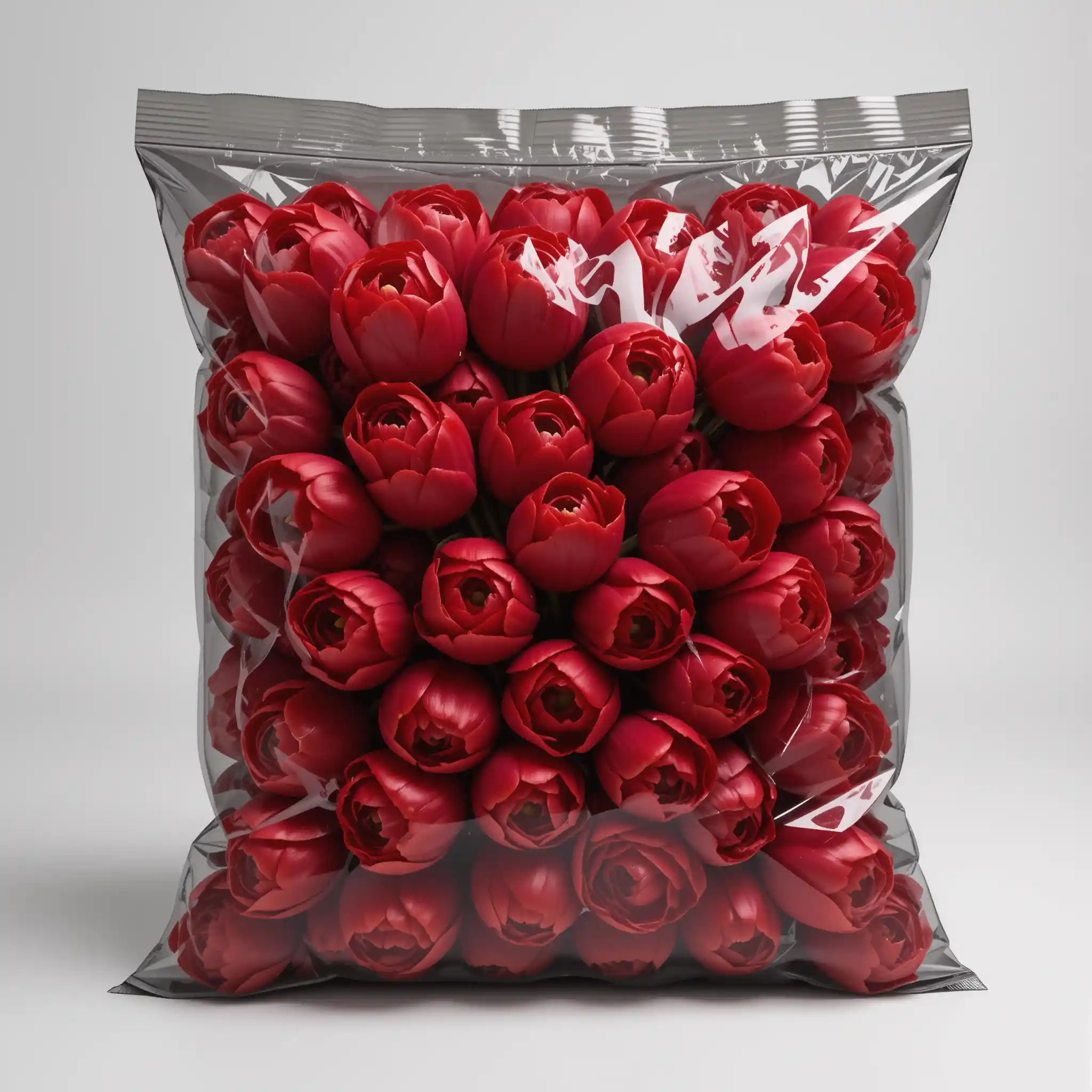 Vacuum Sealed Red Tulips In Clear Plastic Against Black