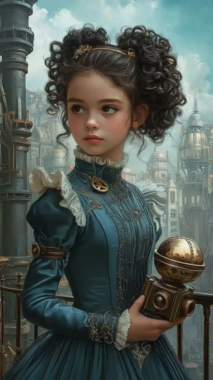 Chica steampunk sosteniendo un robot de latón con vestido turquesa