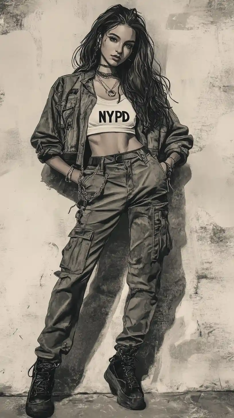Young woman in streetwear leaning against concrete wall