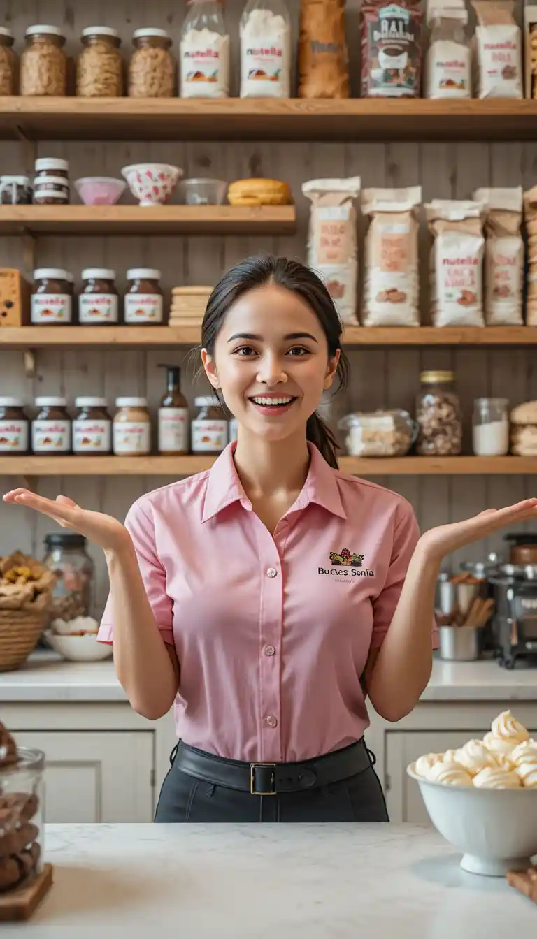 Confident baker presenting desserts in a cozy kitchen