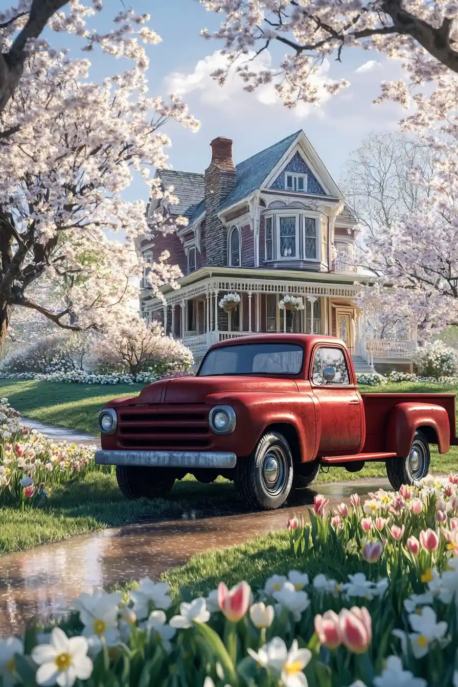Pickup rouge près d’une ferme victorienne au printemps