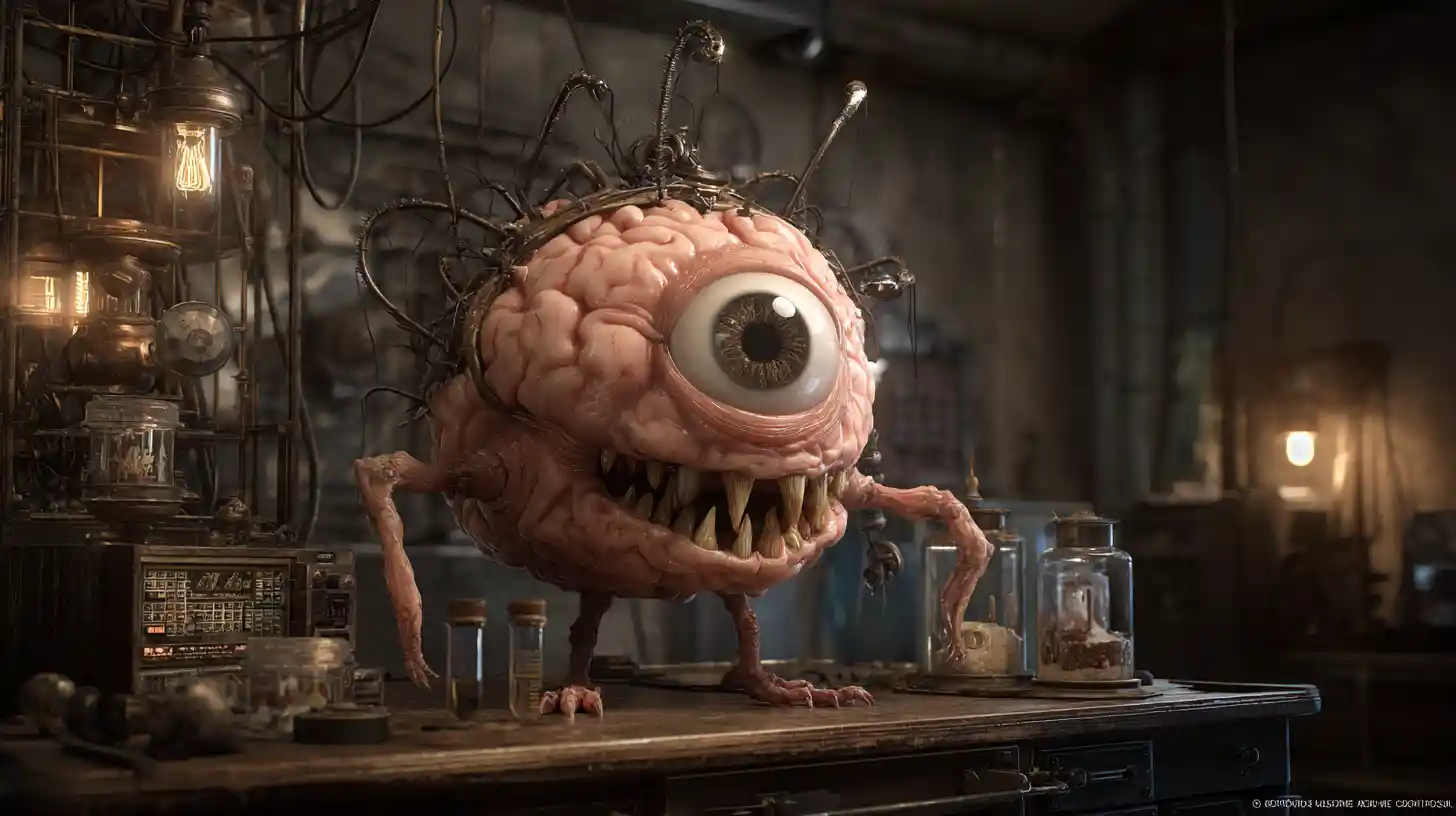 Monstre grotesque de cerveau ambulant dans un laboratoire lugubre