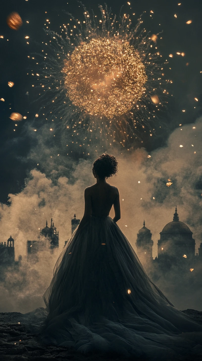 Ebony woman beneath surreal fireworks over ancient city