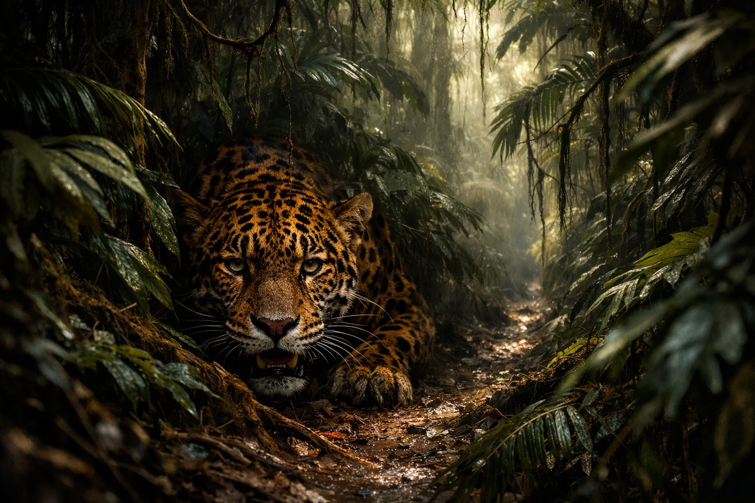 Onça-pintada à espreita em uma estreita trilha na selva