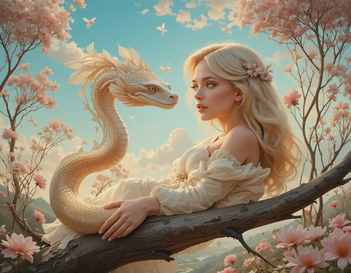 Gentle blonde woman resting on a smooth tree branch