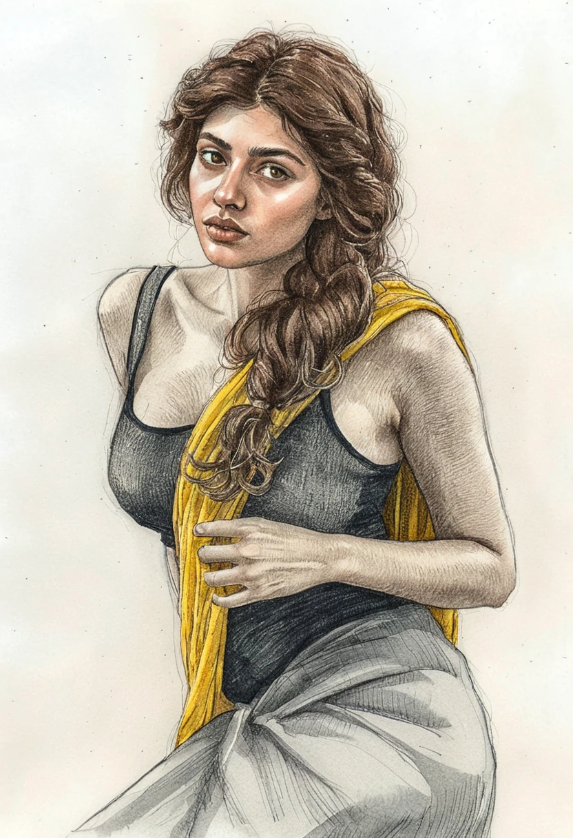 Confident girl in yellow sari mixed media portrait drawing