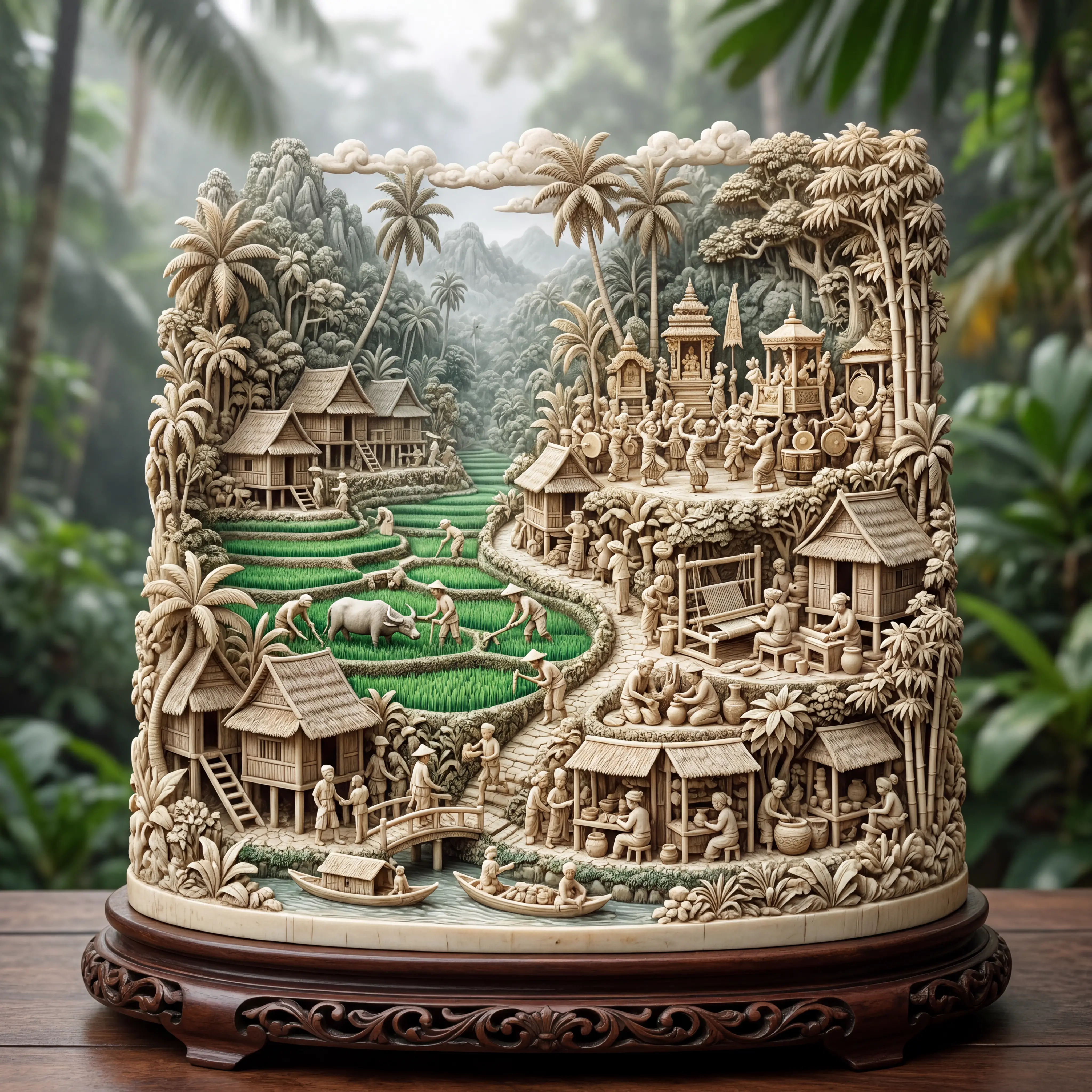 Intricate Ivory Sculpture Of A Tranquil Southeast Asian Village