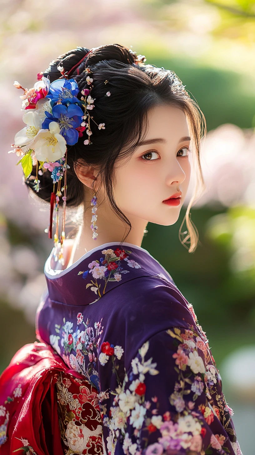 Ragazza cinese in kimono viola sotto i ciliegi in fiore primaverili