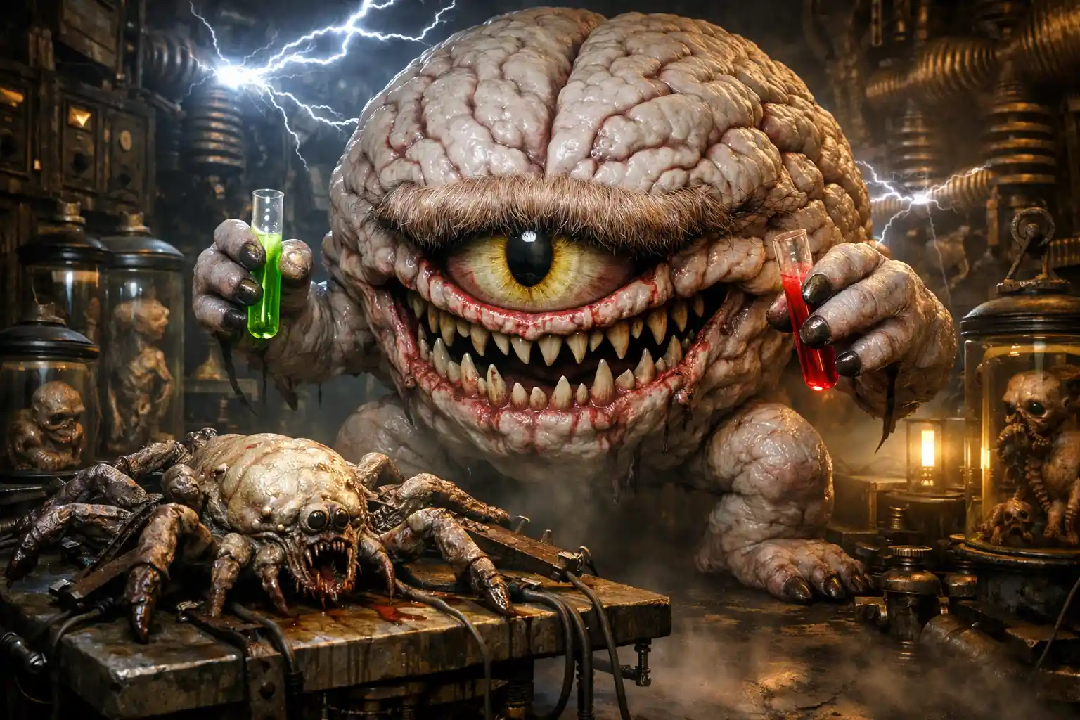Monstro grotesco de cérebro ambulante em um laboratório sinistro