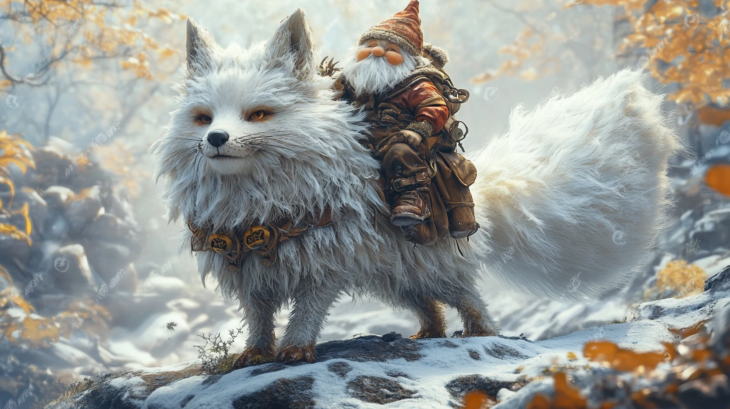 Minuscule gnome chevauchant un renard blanc géant à travers une forêt enneigée