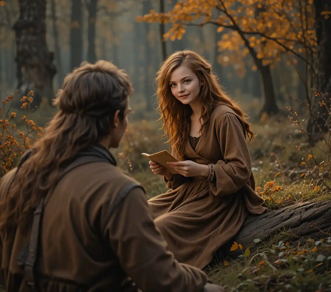 Young girl reading a letter by a campfire in autumn forest