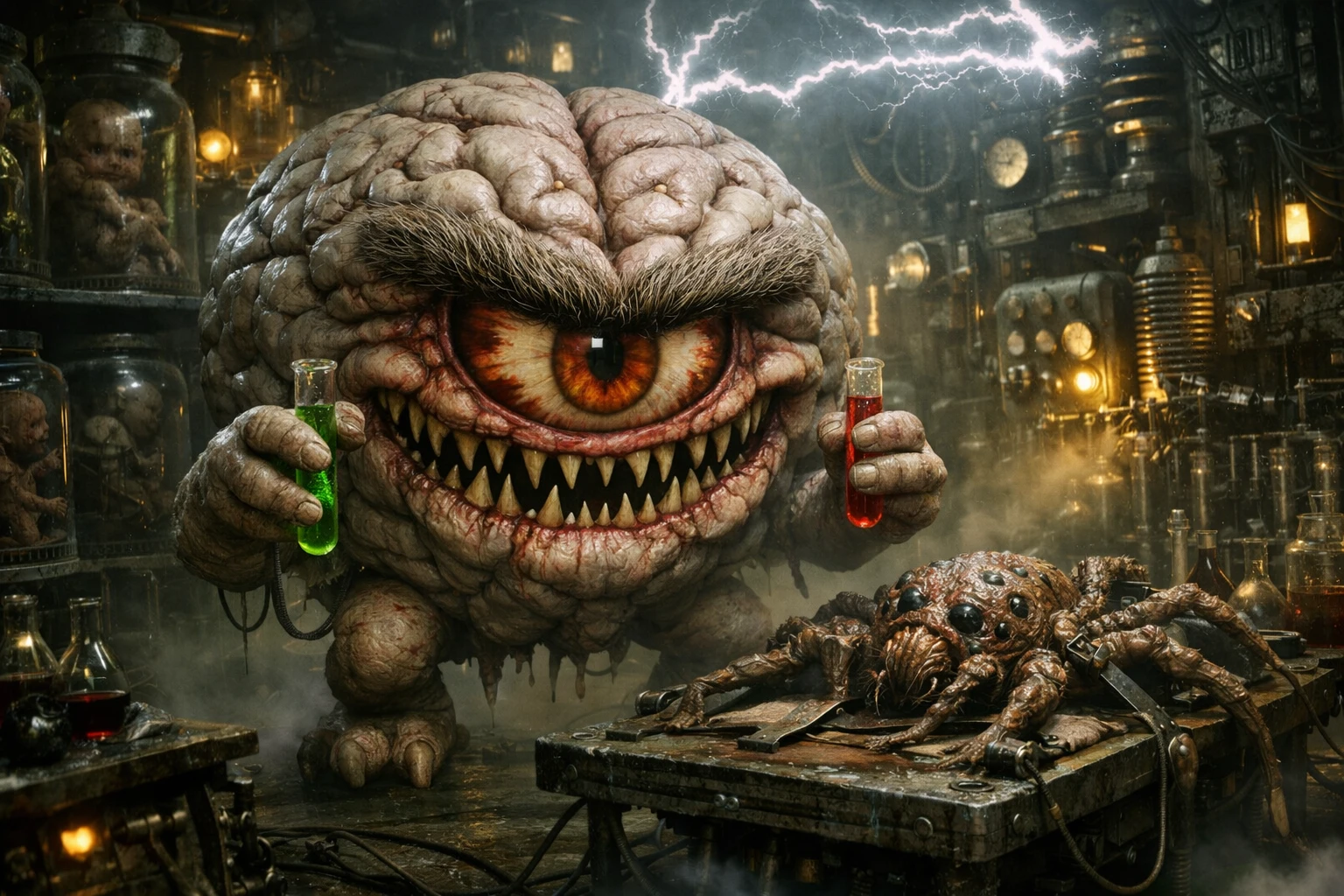 Groteskes wandelndes Gehirnmonster in einem dunklen Labor