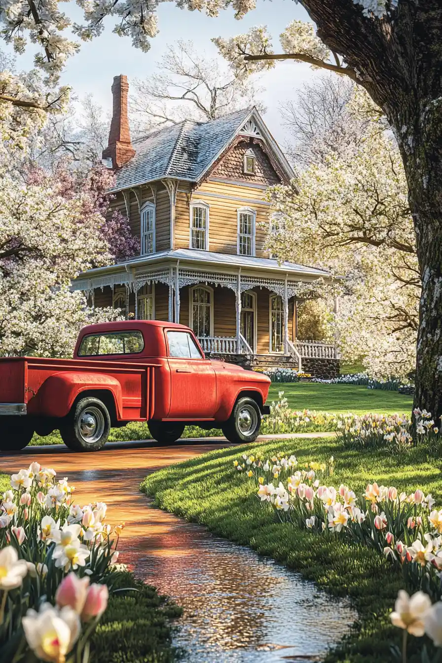 Camioneta pickup roja vintage junto a una granja en primavera