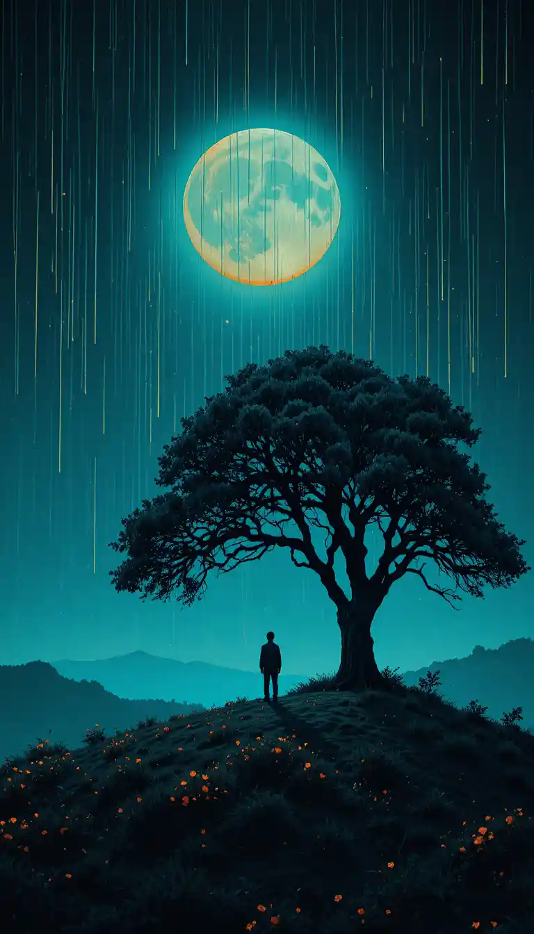 Silhouette solitaire sur une colline pluvieuse sous une lune brillante