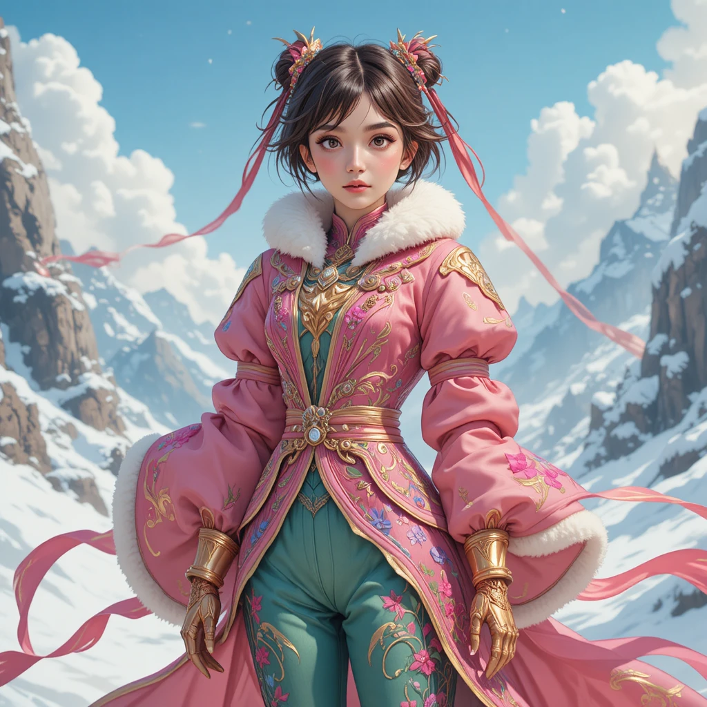Ragazza fantasy con giacca rosa in un paesaggio innevato