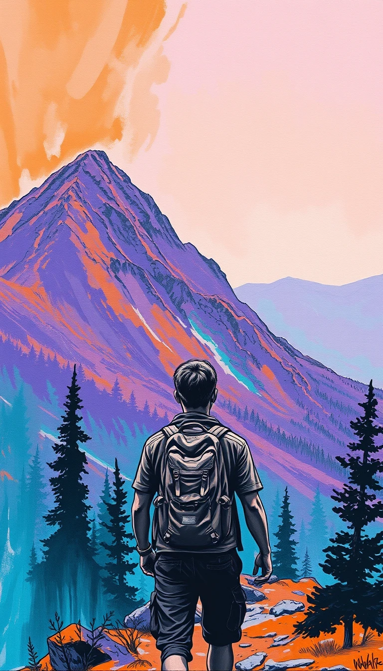 Escursionista su un sentiero di montagna dipinto a impasto con colori vivaci