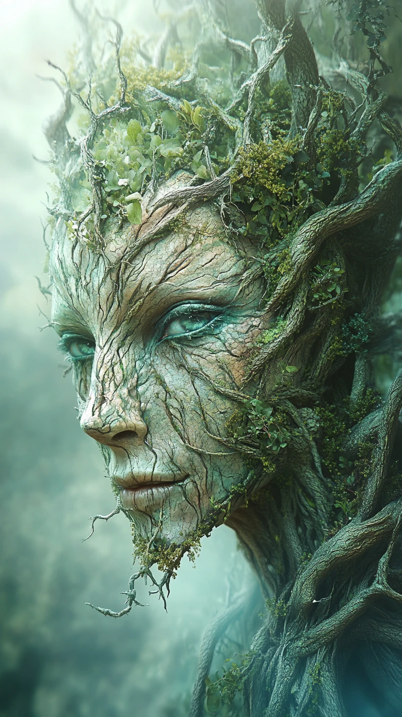 Mystical forest creature with plant like face and bark skin