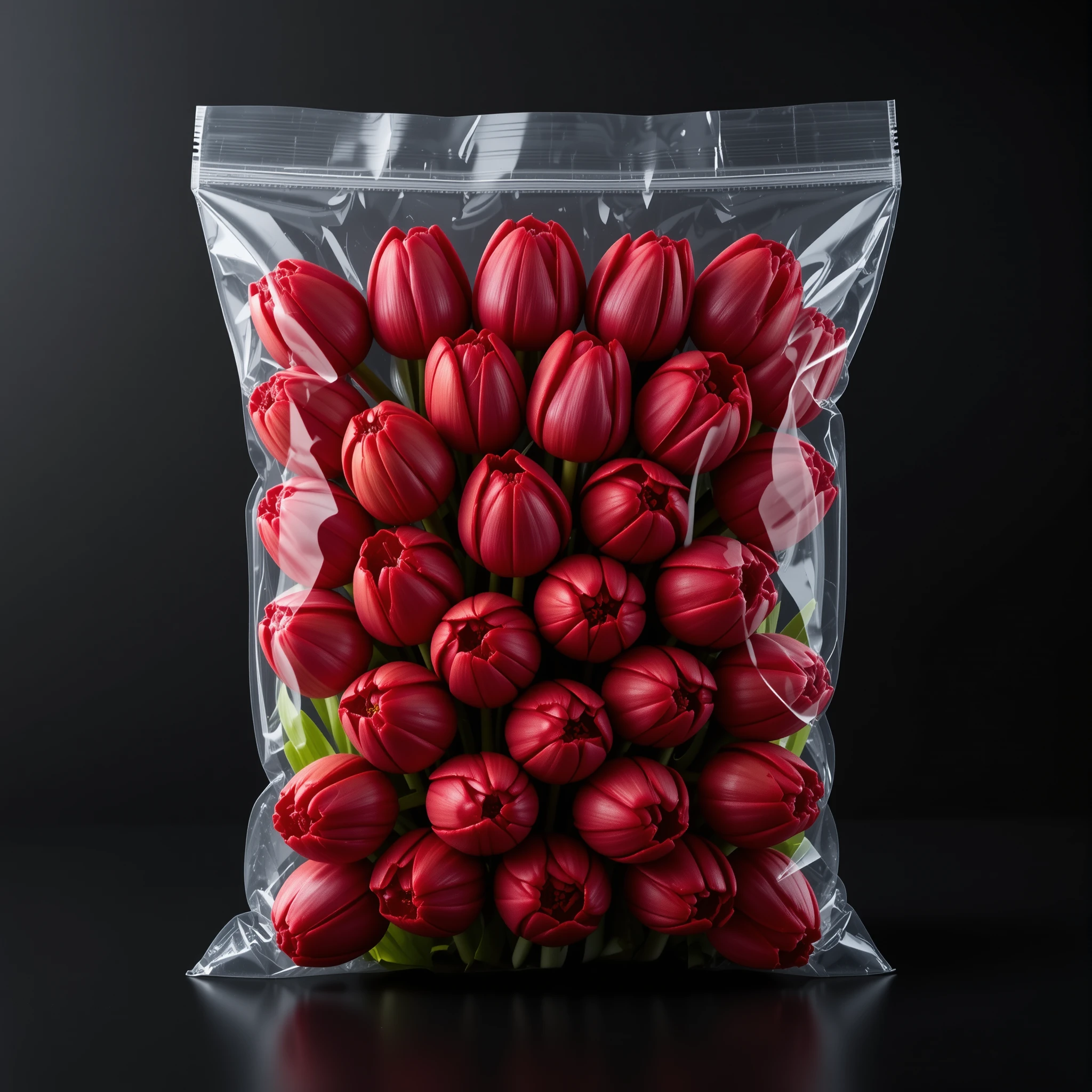 Rote Tulpen vakuumversiegelt in Plastik vor schwarzem Hintergrund