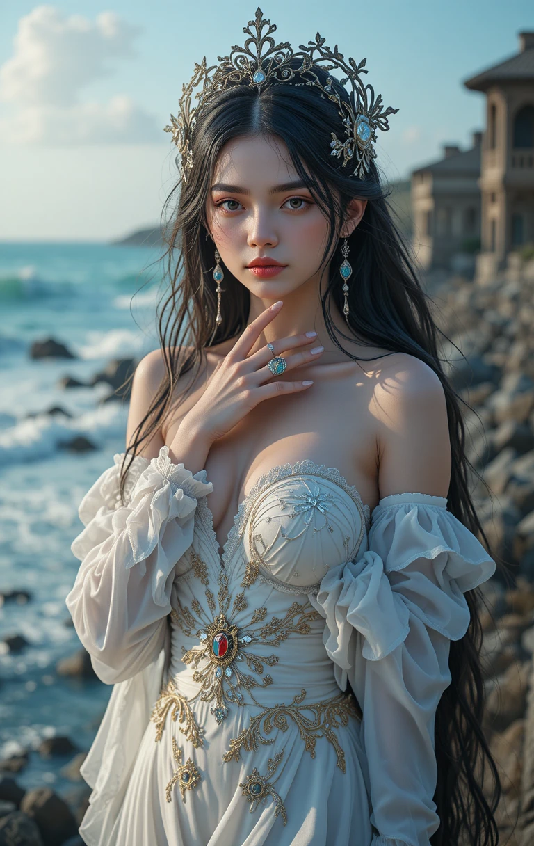 빨간 안경을 쓴 바닷가의 젊은 여성