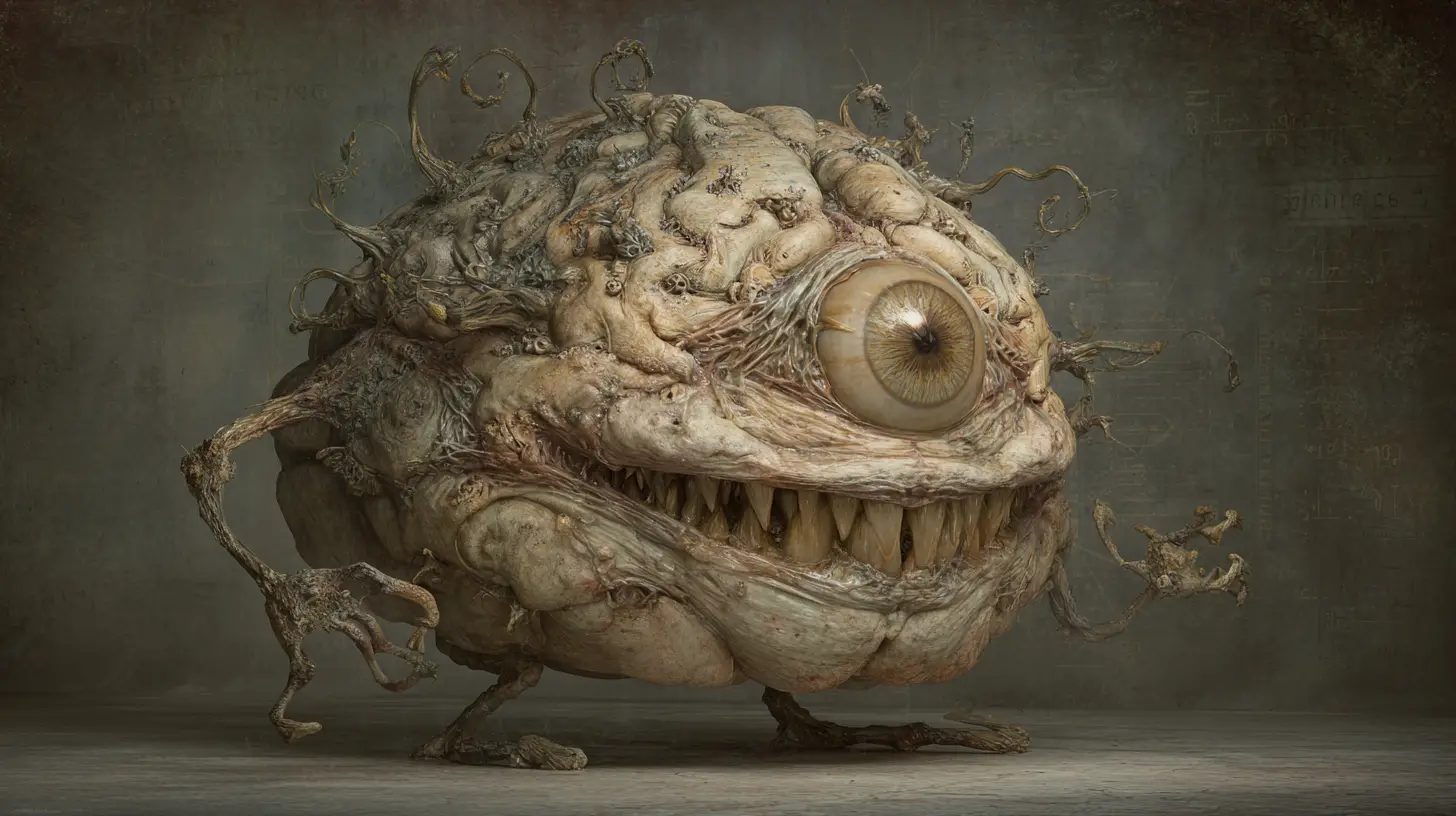 Créature Cérébrale Mutante Grotesque dans un Laboratoire Sombre