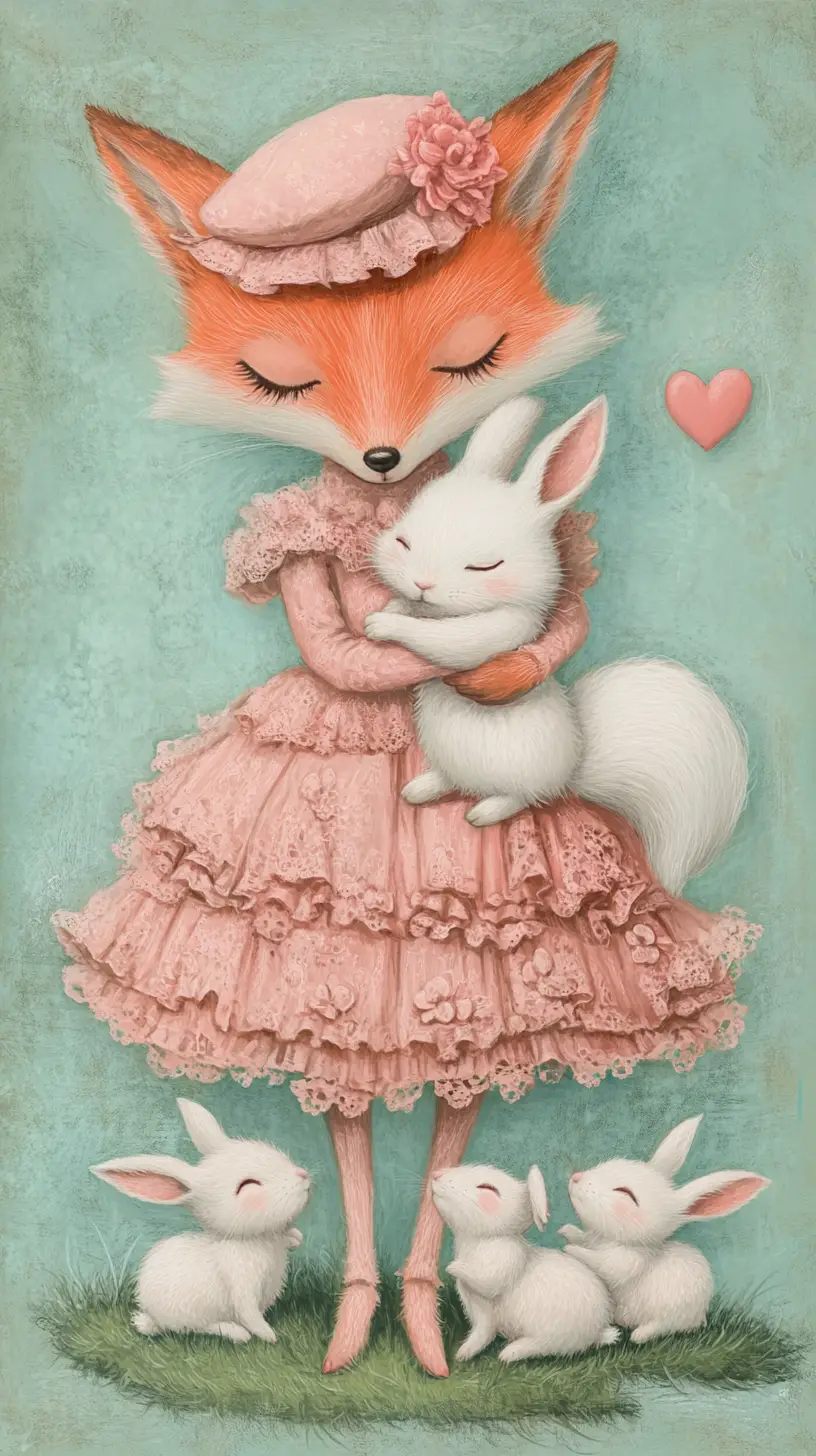 Anthropomorpher Fuchs im rosa Kleid, der ein weißes Kaninchen umarmt