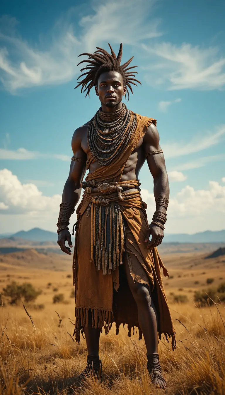 African warrior standing proud on sunlit savannah hills