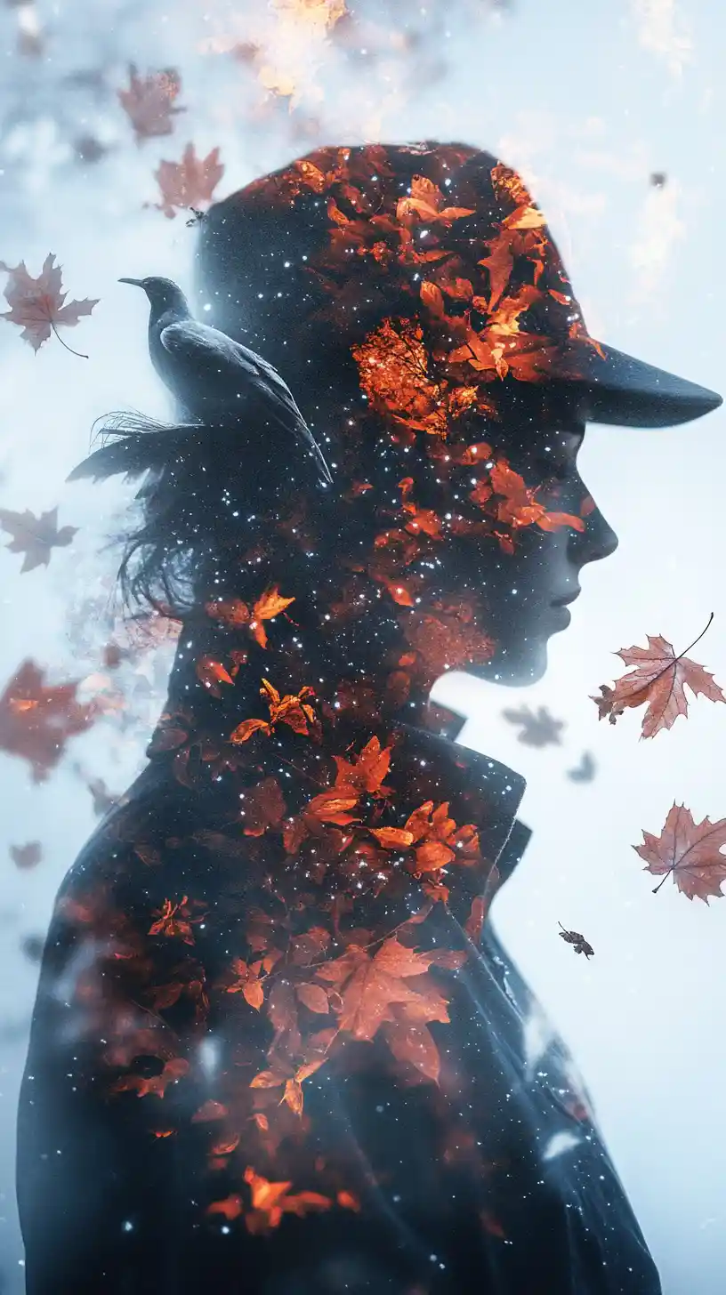 Surreal profile portrait with autumn leaves and starry sky