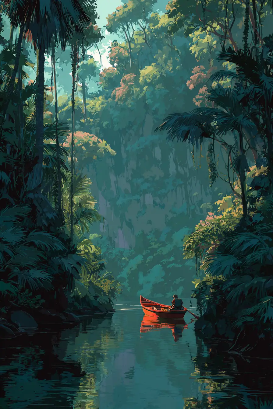 神祕叢林河流上的船旅插畫