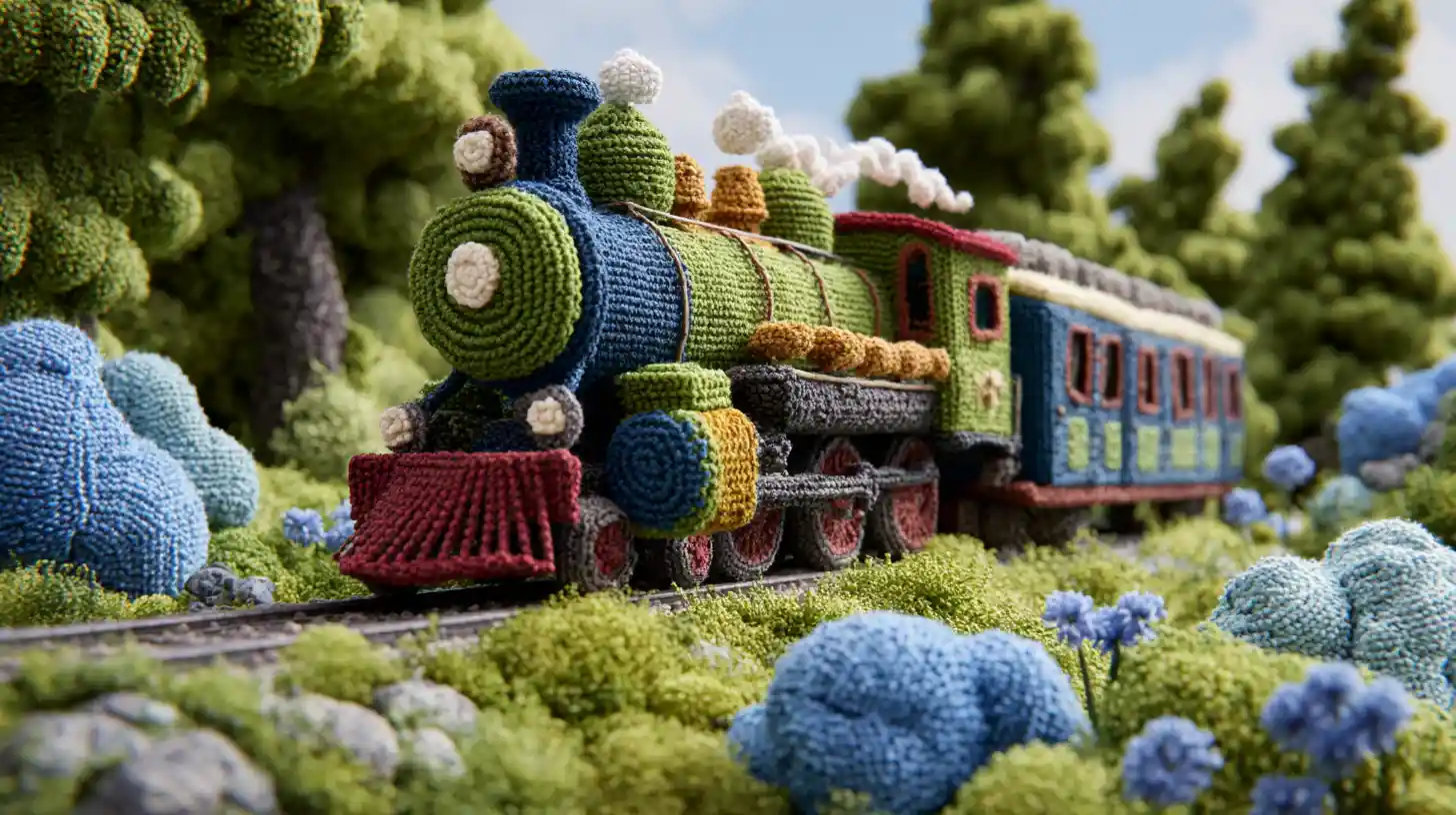 Farbenfroher Häkelzug in einer üppigen Landschaft auf dem Land