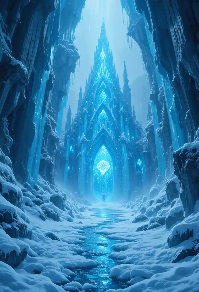 Royaume de glace de cristal illuminé d’une énergie magique bleue