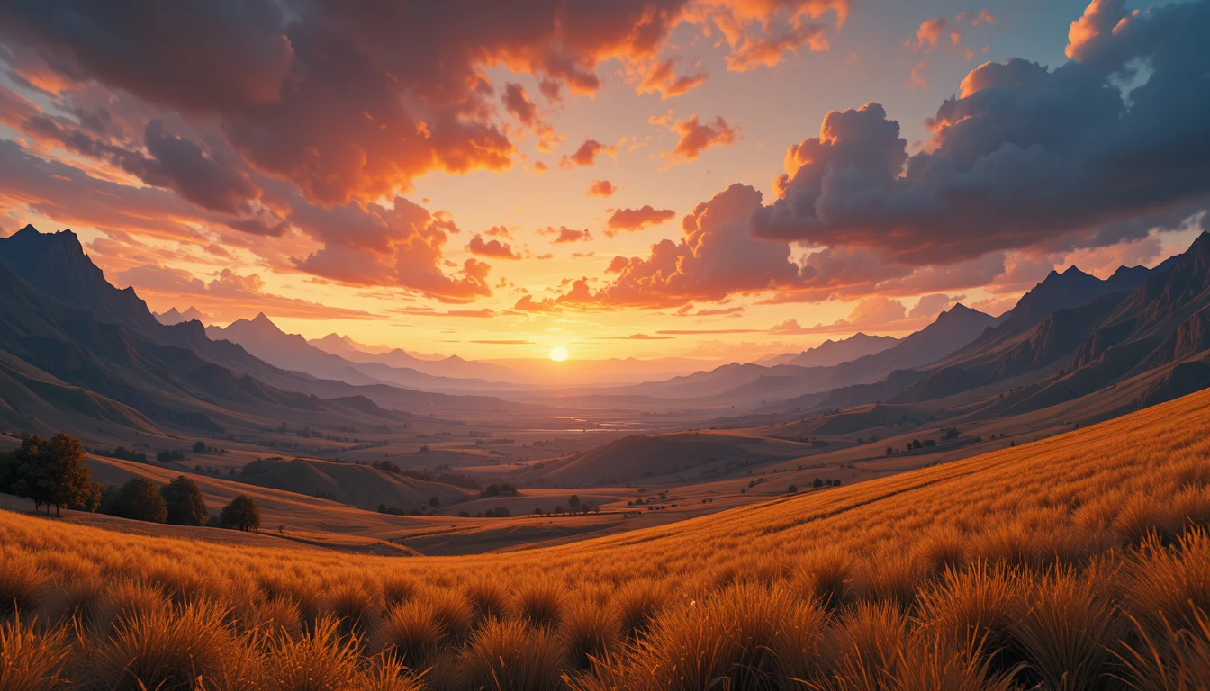 Vale ao entardecer com grama dourada sob um céu de fantasia vívido
