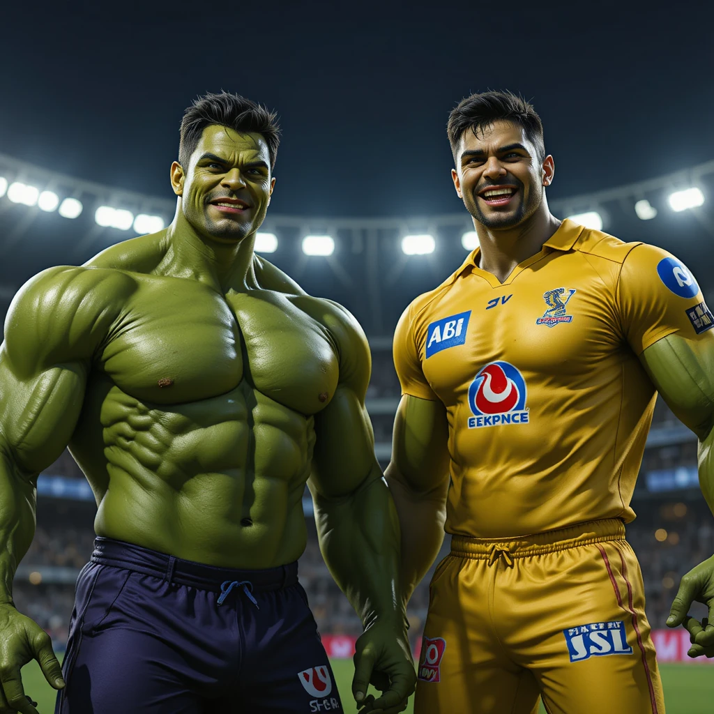 Dois super‑heróis tipo Hulk se enfrentando em um estádio da IPL