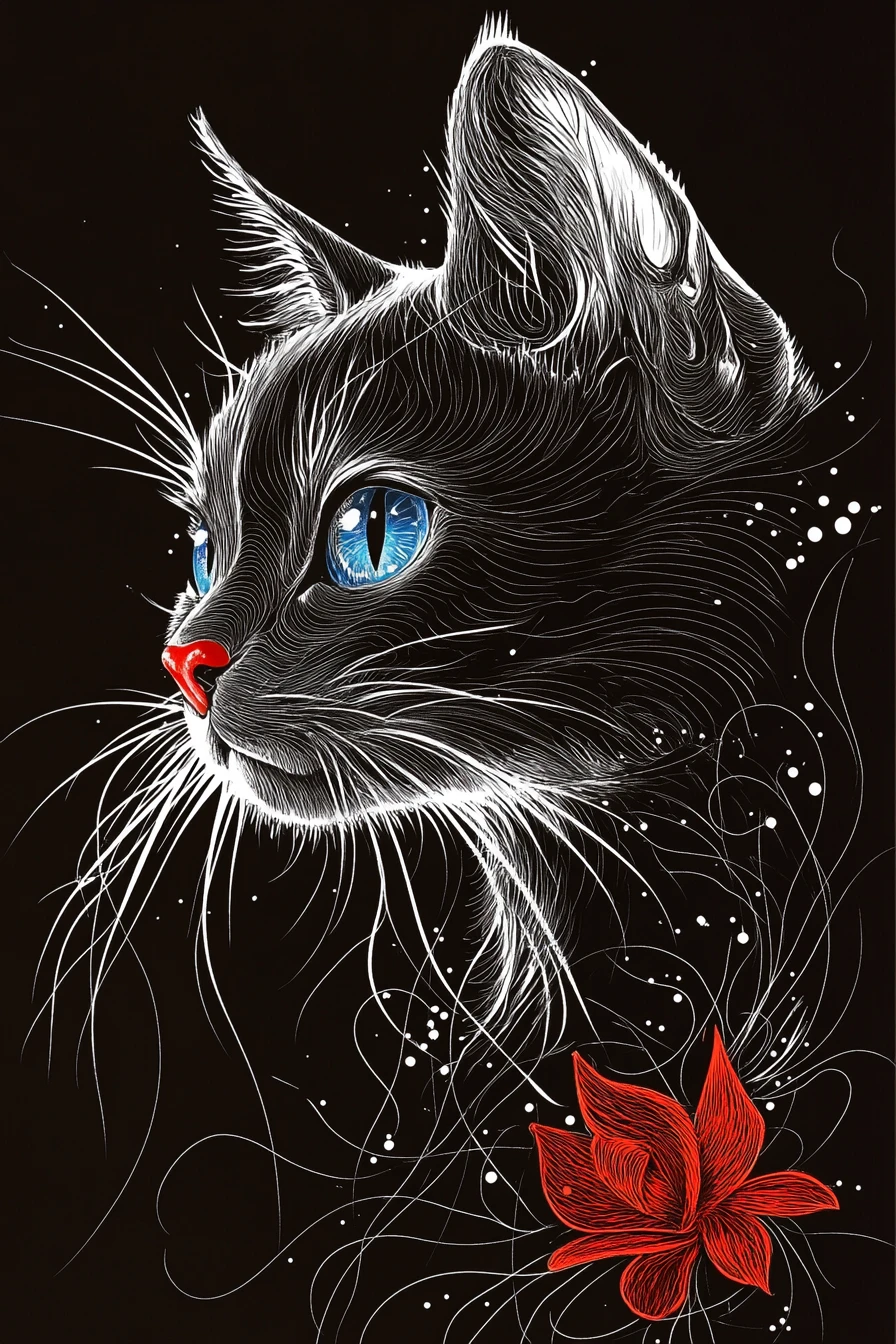 Chat noir en art linéaire aux yeux bleus et fleur rouge