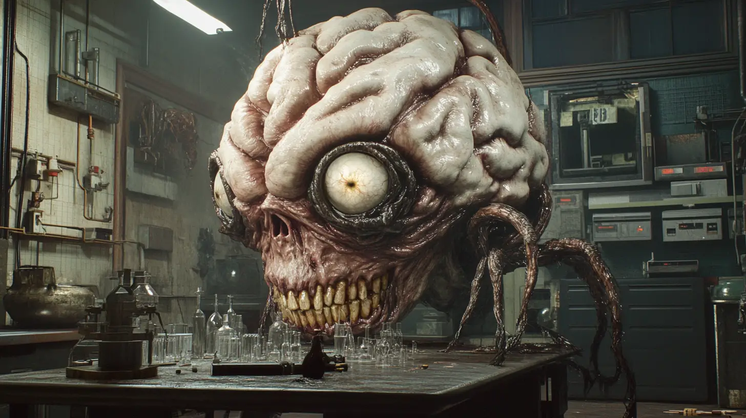 Monstre grotesque de cerveau ambulant dans un laboratoire sinistre