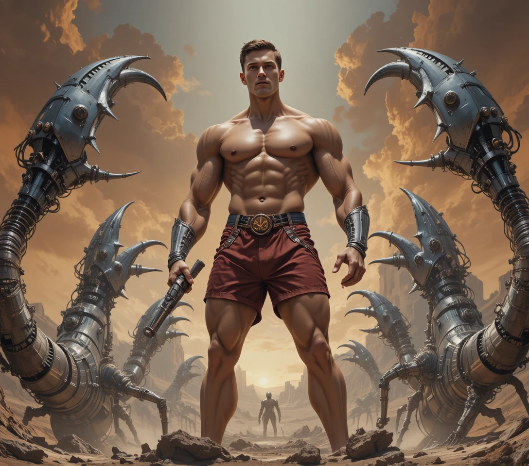 Muscular warrior with blade in dark futuristic wasteland