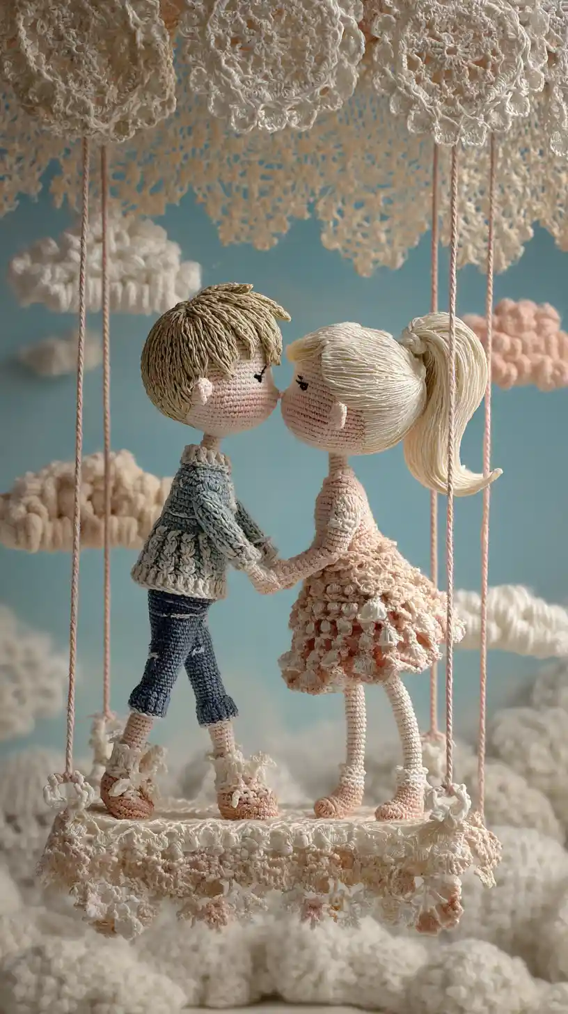 Crocheted couple kissing beneath lace clouds in pastel sky