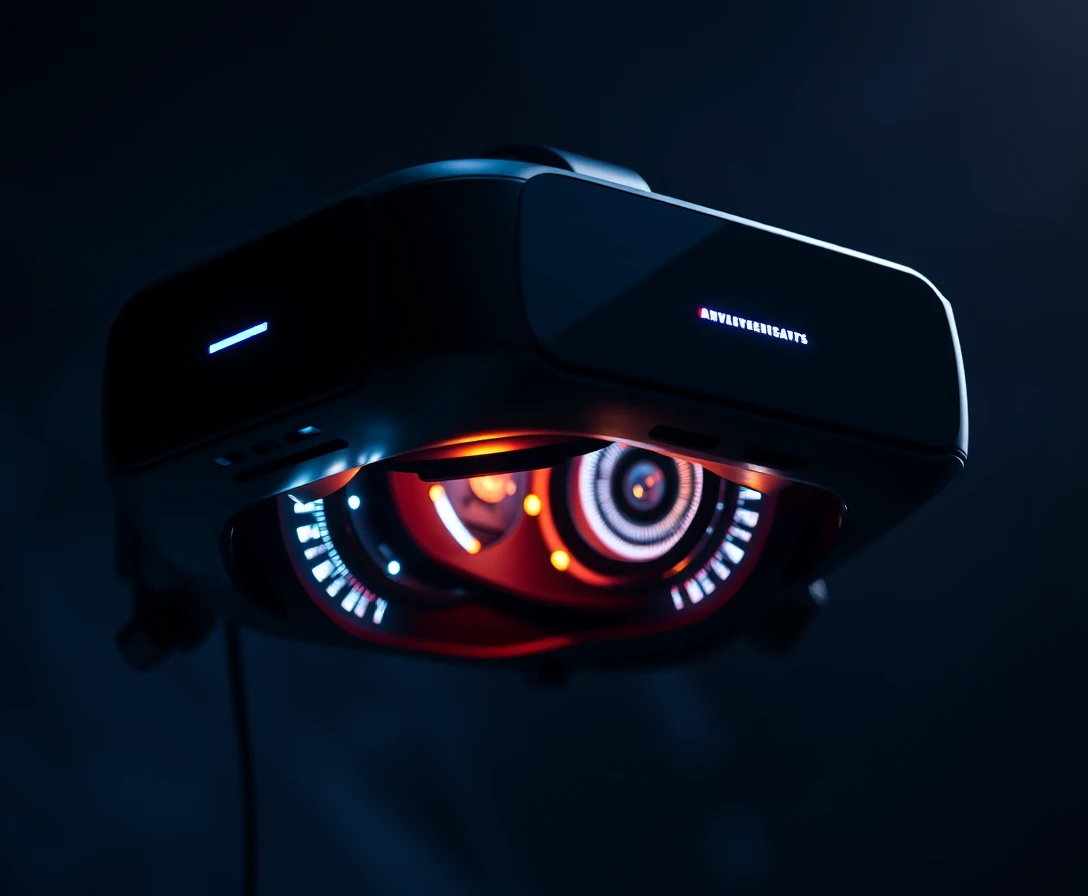 Primo piano di visore VR con display interno luminoso