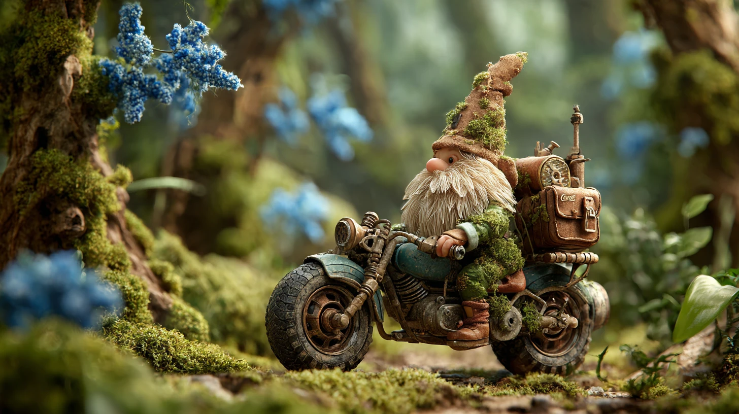 Gnomo Pilotando uma Moto Steampunk em Floresta Ancestral