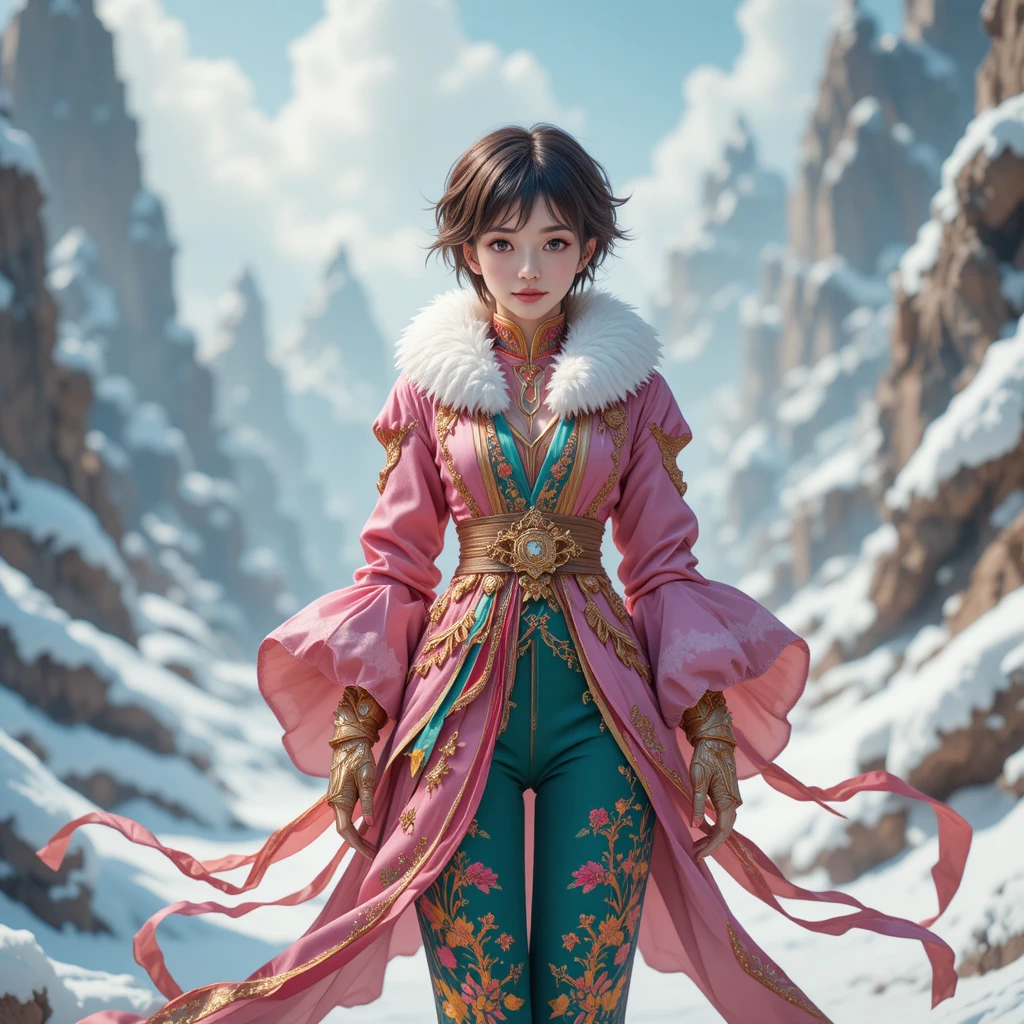 ピンクのジャケットを着たファンタジー少女が雪景色に立つ