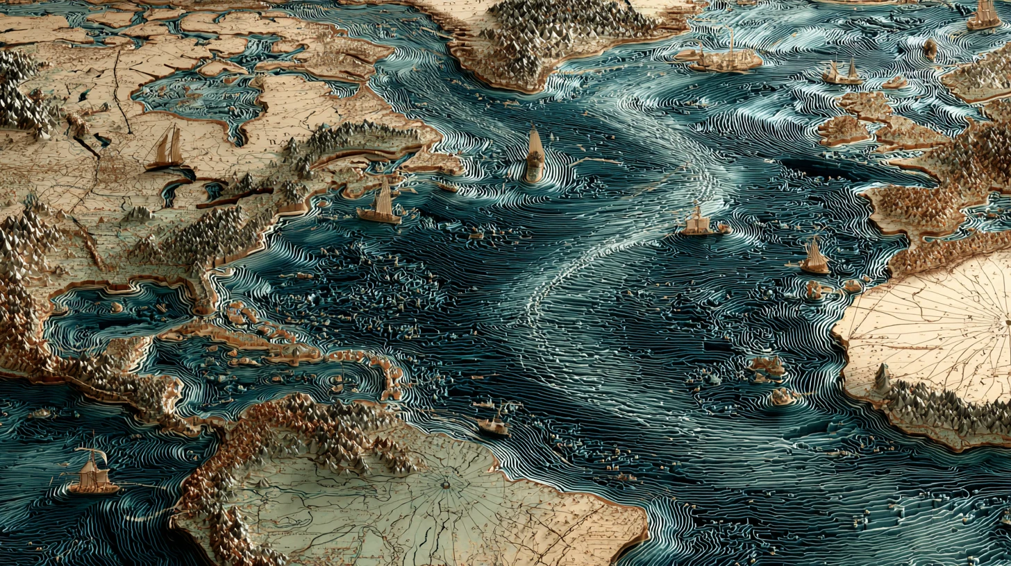 Antiguo mapa 3D del océano Pacífico con monstruos marinos