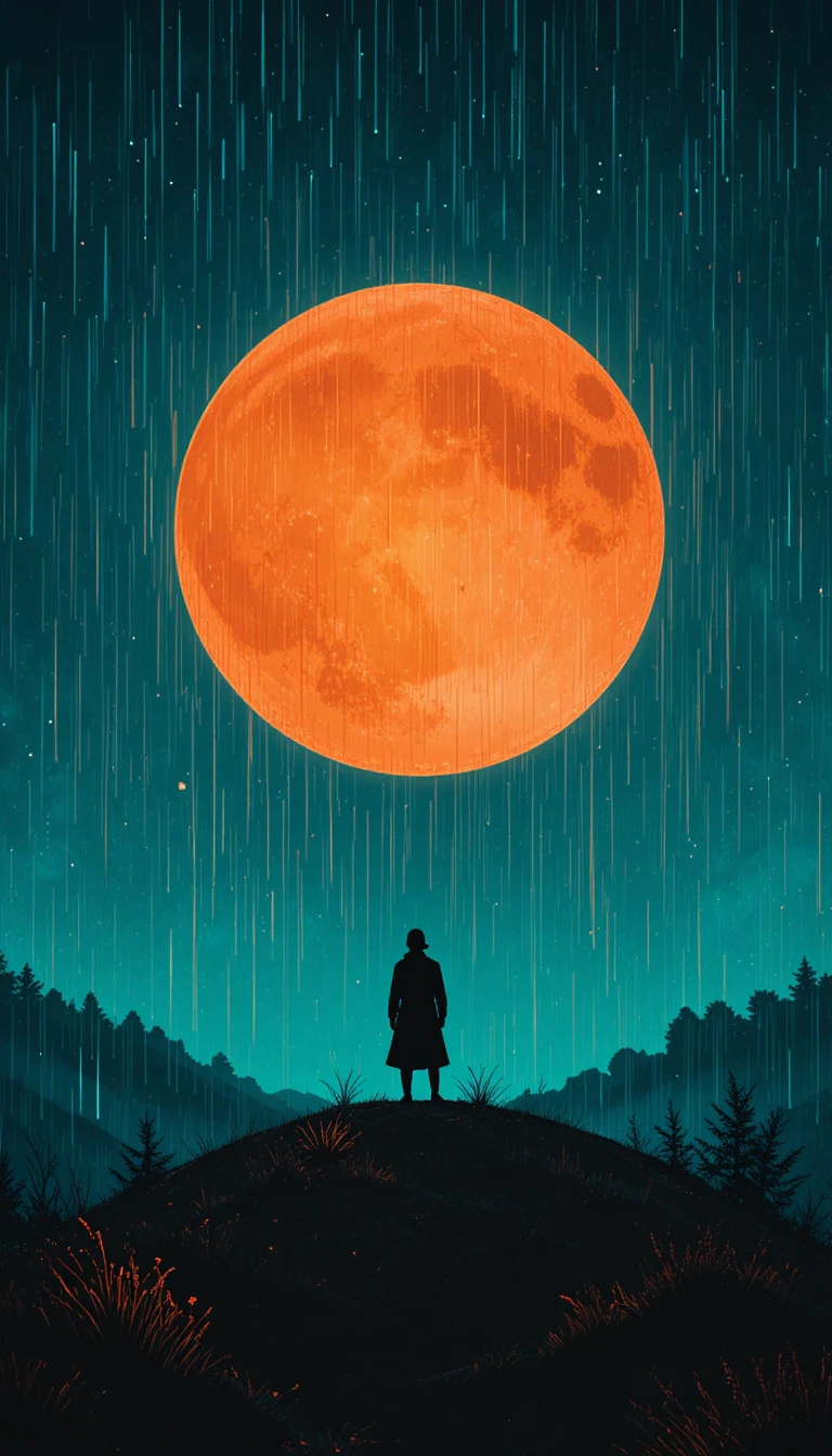 밝은 달 아래 비 내리는 언덕에 서 있는 외로운 실루엣